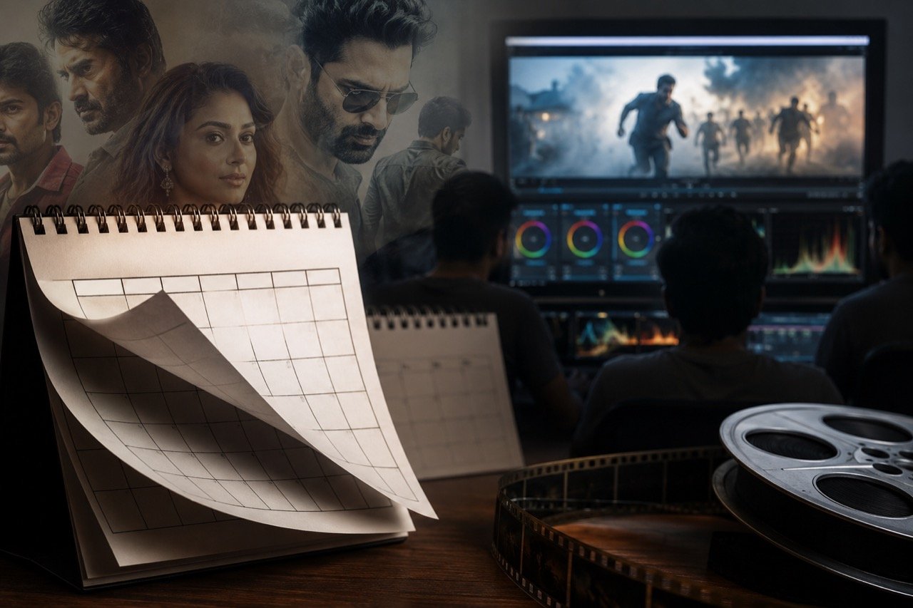 A dimly lit film editing suite with monitors showing colour-grading timelines and a marked-up release calendar pinned beside them