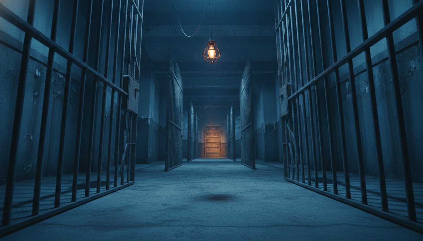 A dim prison corridor lined with barred cells, evoking the jail set of Lock Upp