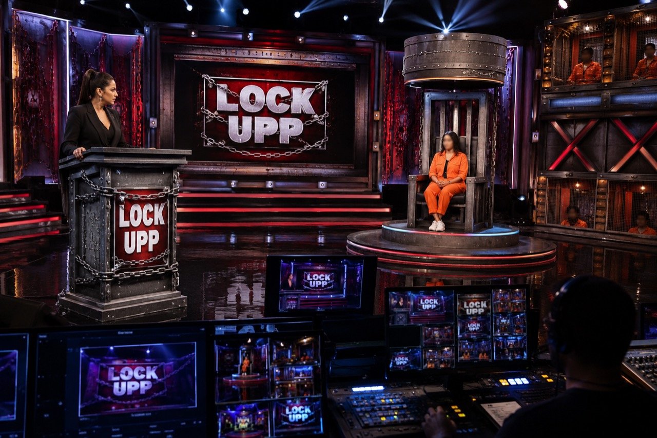 A dramatic reality TV set styled like a prison with harsh spotlights, cameras and a commanding female host figure at the centre