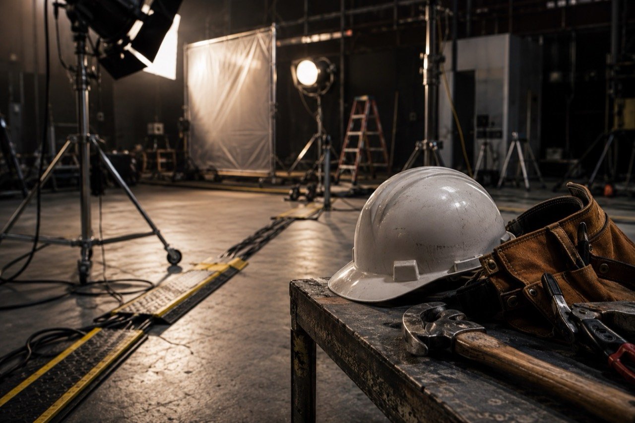A Mumbai film studio set with lighting rigs and equipment, illustrating concerns over electrical safety for film crew workers