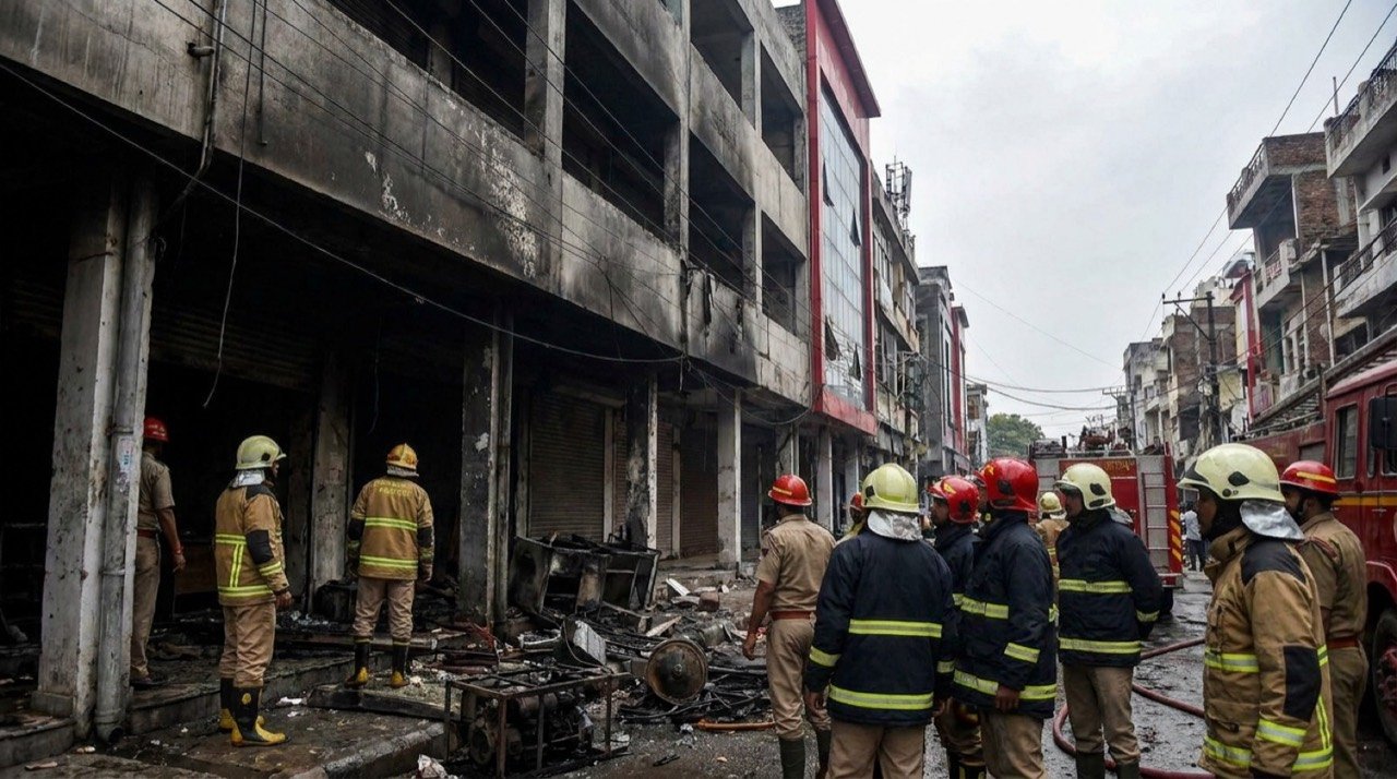 Fire and rescue personnel inspecting a fire-damaged commercial building in Aliganj, Lucknow.