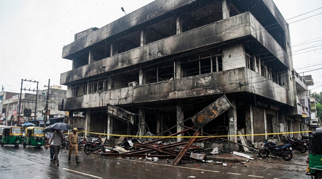 Charred three-storey commercial building in Aliganj, Lucknow where a fire killed 15 people and prompted a safety probe