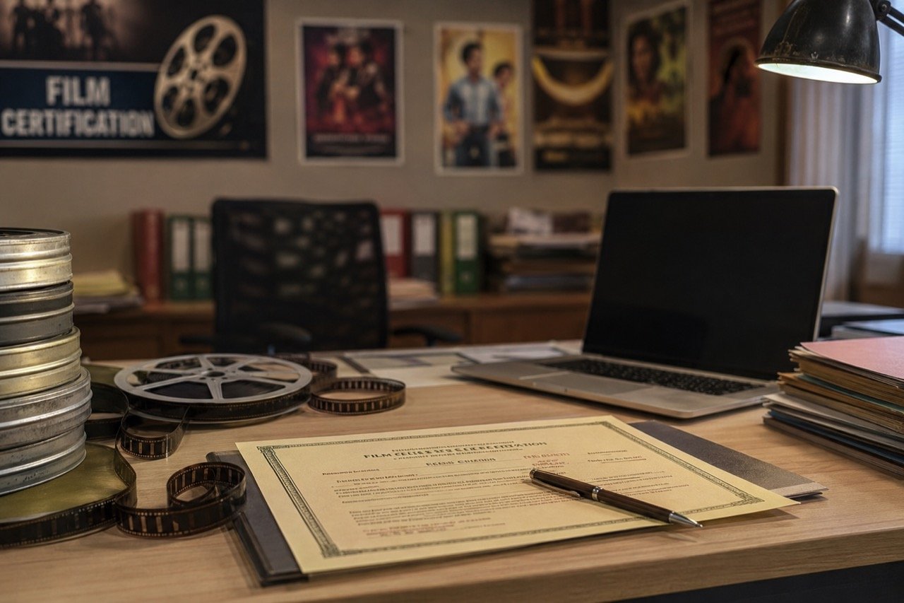 A cinema certification stamp and film reel on a desk, representing India's CBFC film clearance process