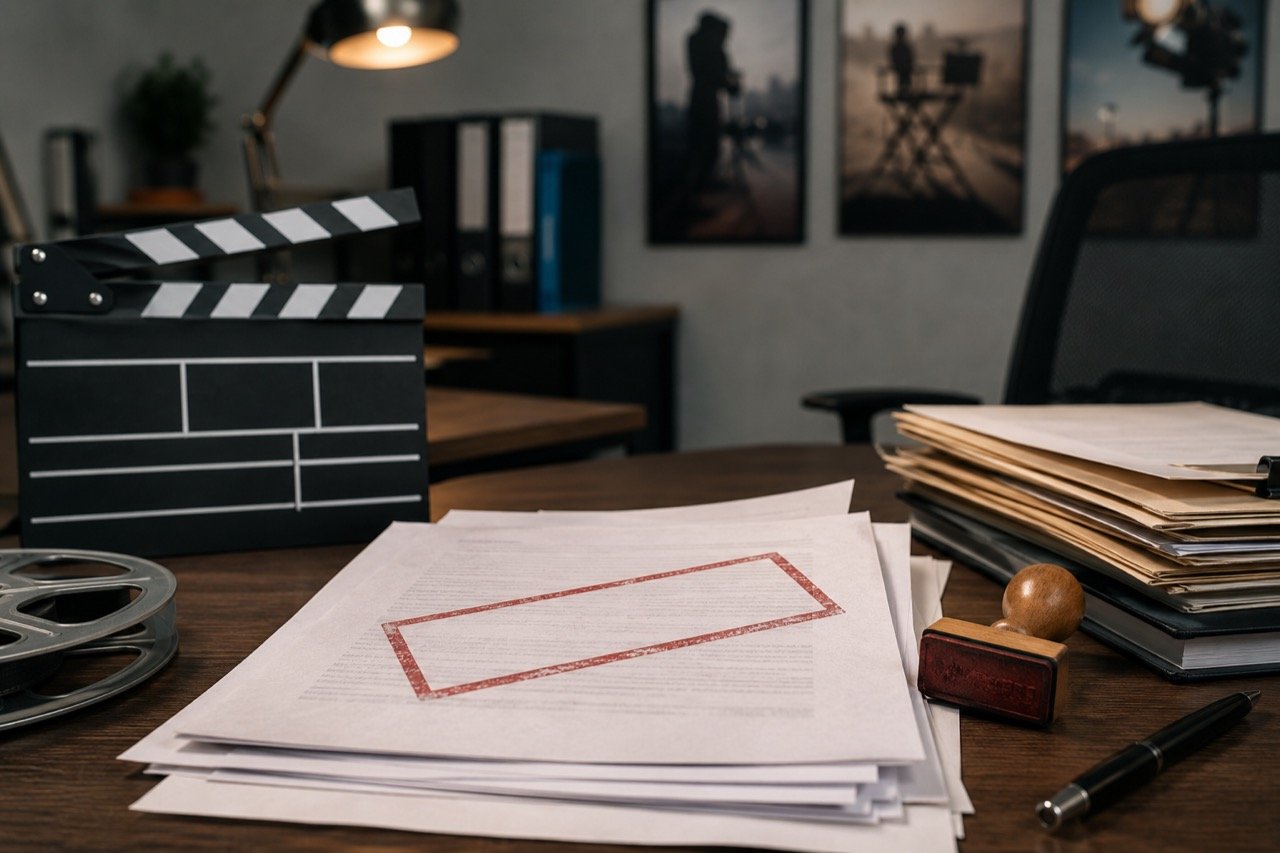 A film certification stamp hovering over a Bollywood movie clapperboard in a dimly lit screening room, symbolising censor board clearance for an upcoming Hindi film