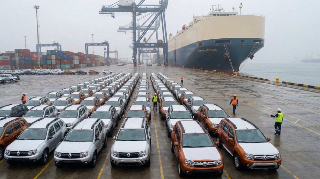 Made-in-India Renault Duster SUVs lined up at a port for export shipment to South Africa
