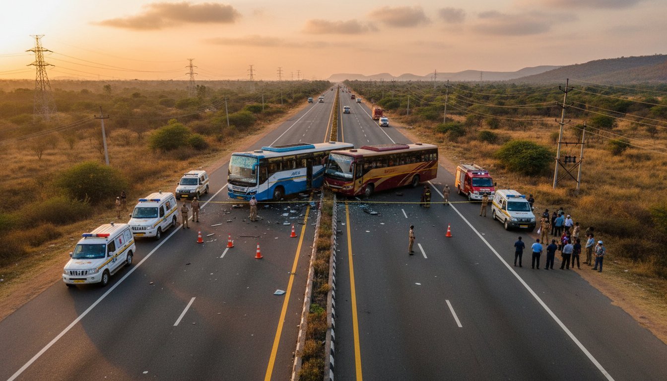 Two intercity buses collided across a highway with ambulances and emergency responders at the scene near Madurai