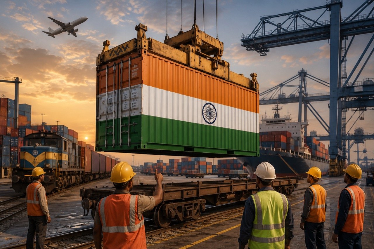 A new Maersk-branded shipping container being lifted at an Indian freight terminal, with stacked containers and cranes in the background