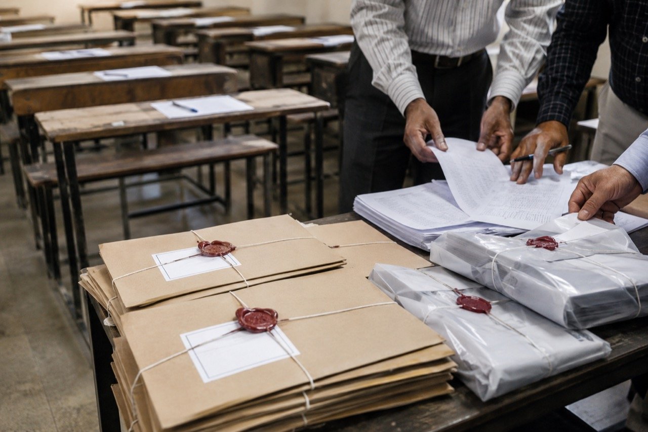 An examination hall with rows of desks and sealed question papers under a gavel's shadow, symbolising a legal crackdown on an exam paper leak in Maharashtra
