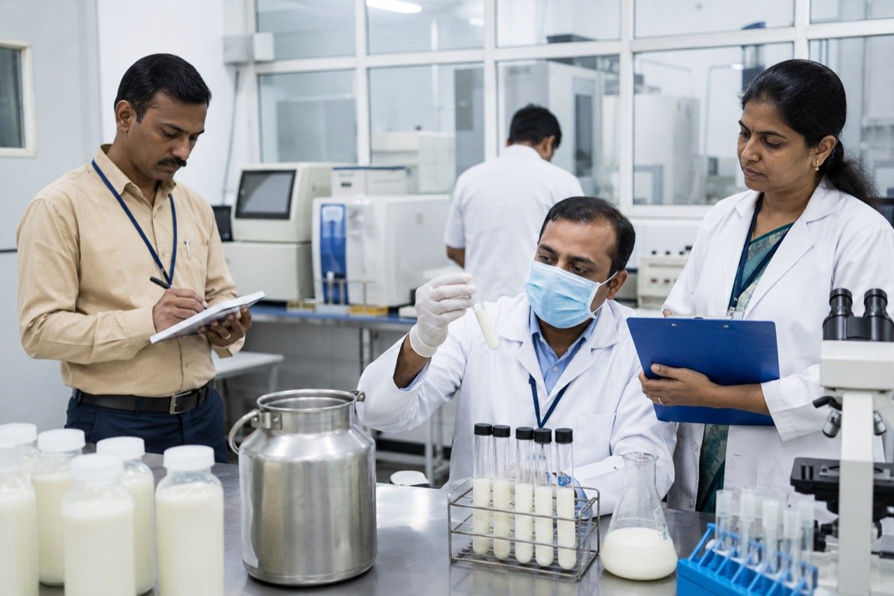 A food safety inspector in gloves testing milk samples in vials at a dairy collection centre in Maharashtra