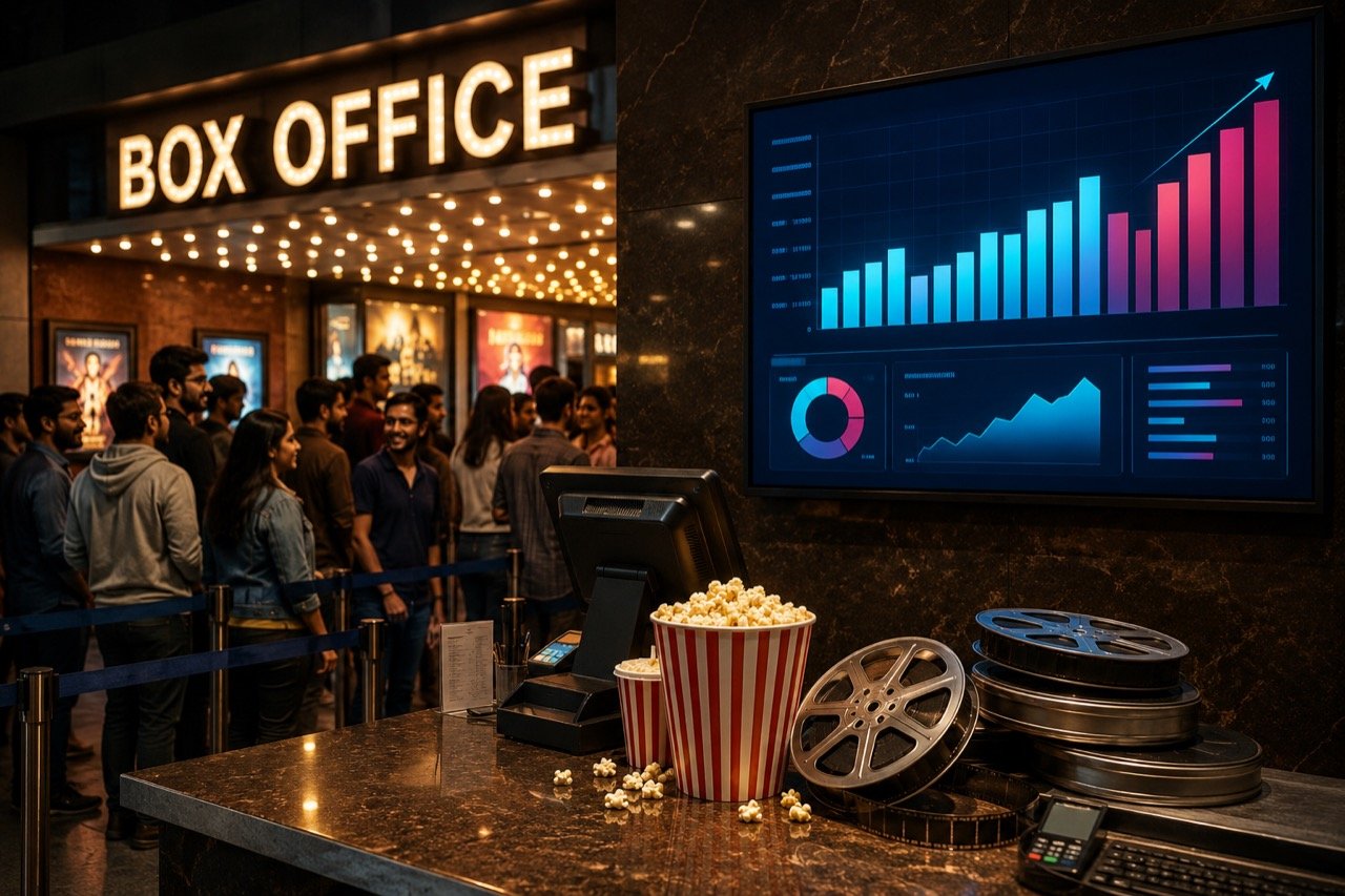 A glowing cinema marquee at dusk with a crowded Indian multiplex foyer below, ticket queues and box office counters suggesting a film's weekend surge, framed in 16:9.