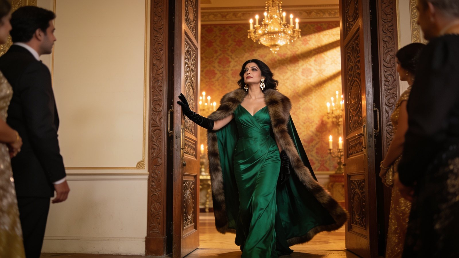 A glamorous woman in an emerald gown and cape makes an entrance through carved doors into a candlelit hall.