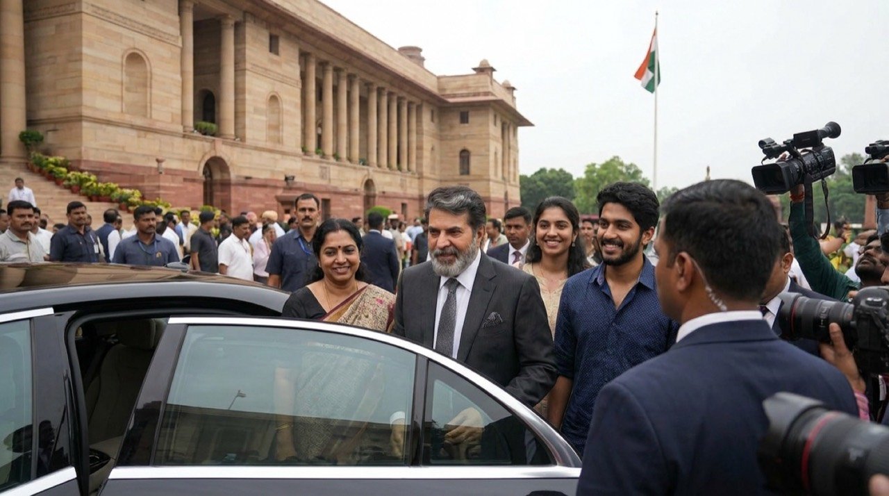Malayalam actor Mammootty in formal attire arriving with his family ahead of the Padma Bhushan ceremony at Rashtrapati Bhavan.