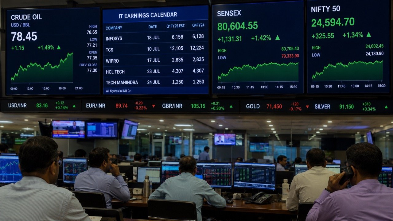 A stock market trading screen showing the Nifty index alongside crude oil price charts and the TCS logo, symbolising the week's market triggers
