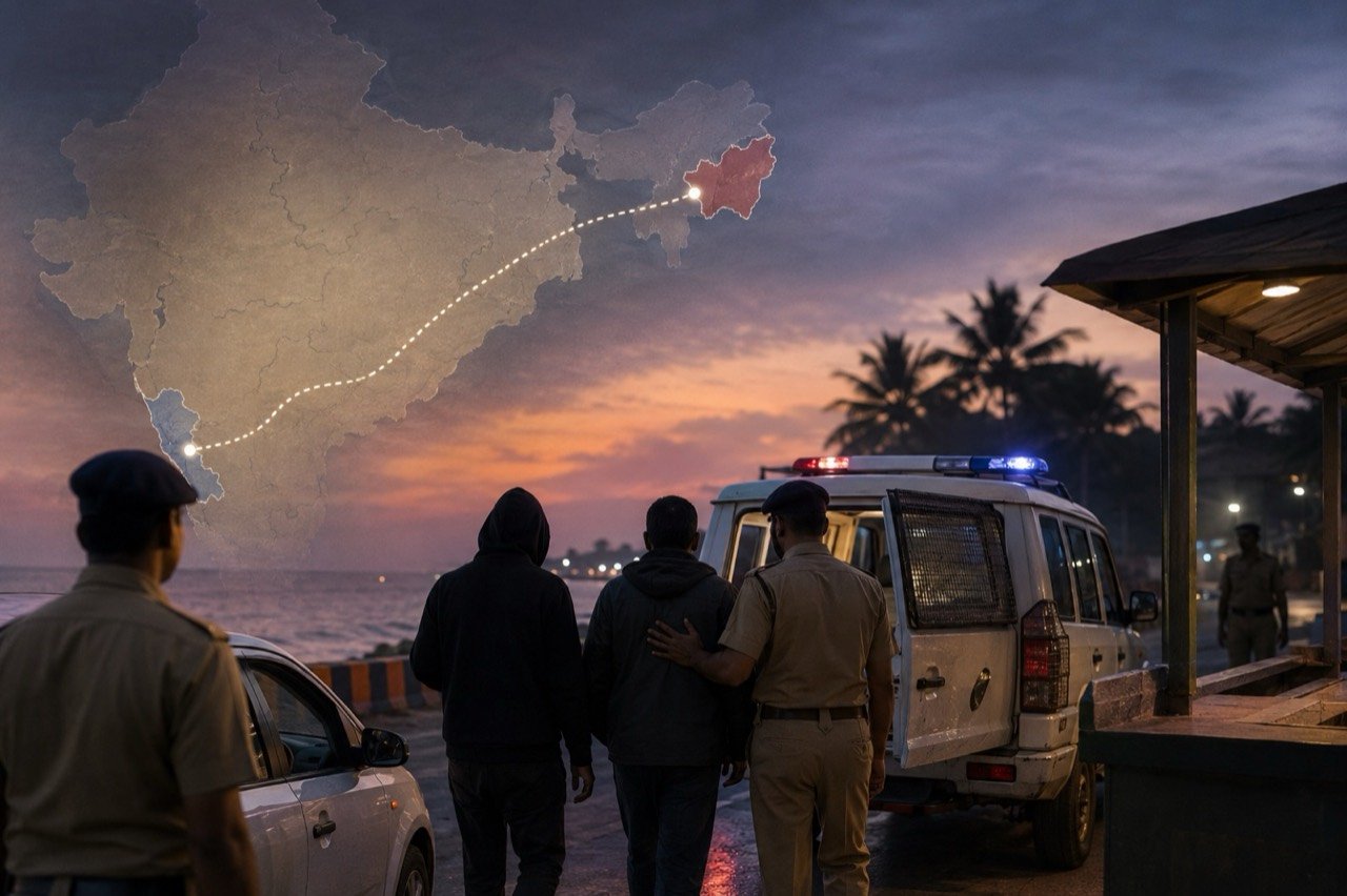Indian police escorting an alleged Meitei insurgent group member arrested in Goa in a Manipur-linked security case