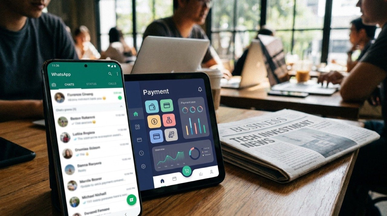 Smartphone showing WhatsApp and a fintech payments app, illustrating the reported Meta investment in CRED and Kunal Shah's global role