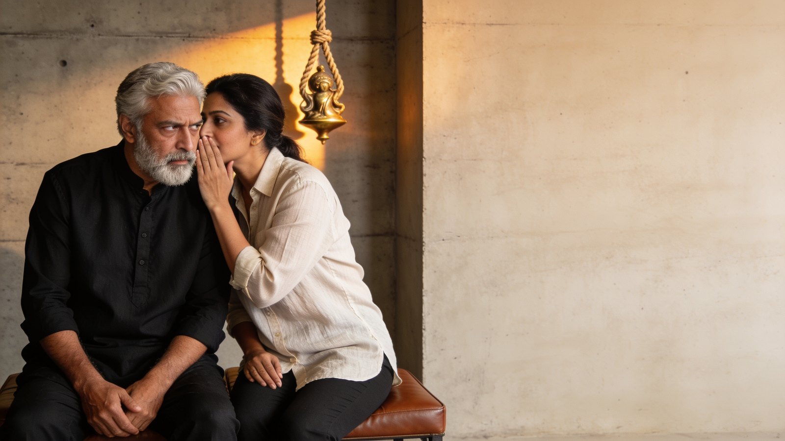 Two veteran Indian television presenters whisper strategy to each other on a dim reality-game set.