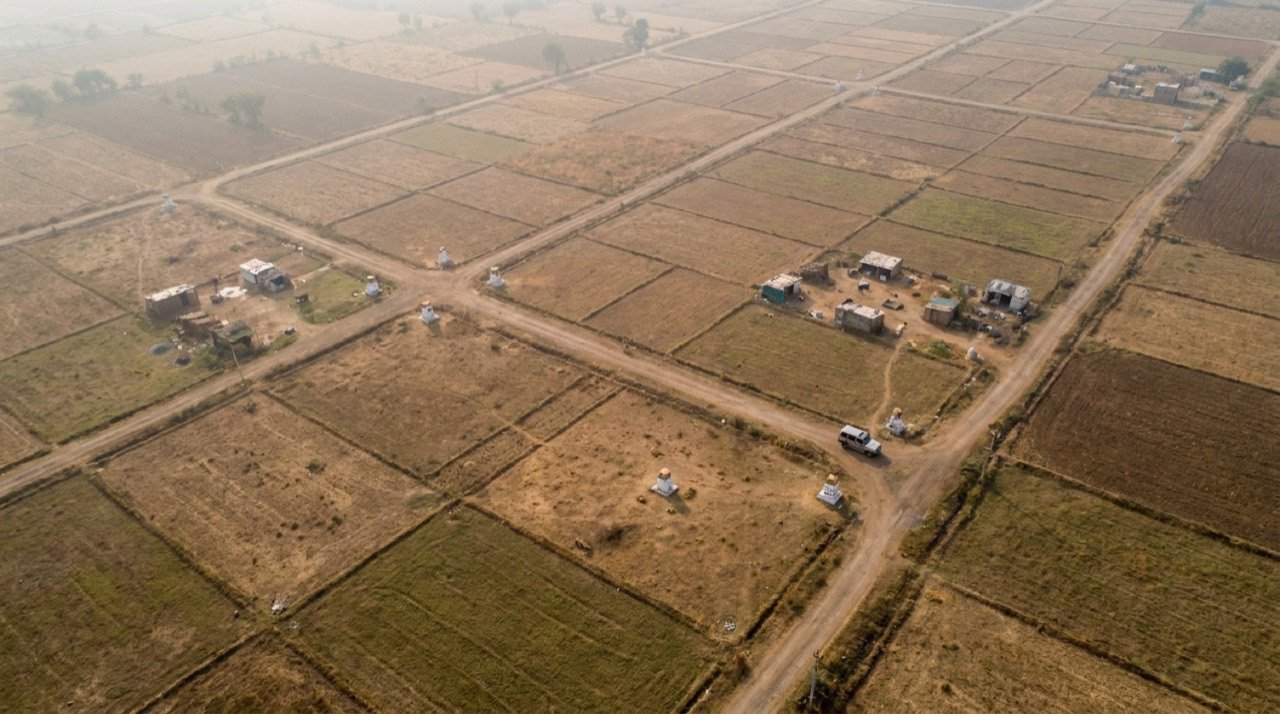 Aerial view of land parcels on the outskirts of Ujjain, Madhya Pradesh, at the centre of a land-deals investigation.