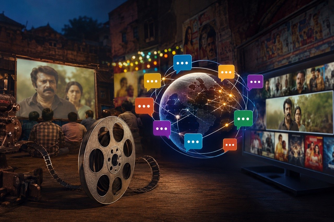 A living room television screen showing a streaming menu of South Indian films with language selection options displayed