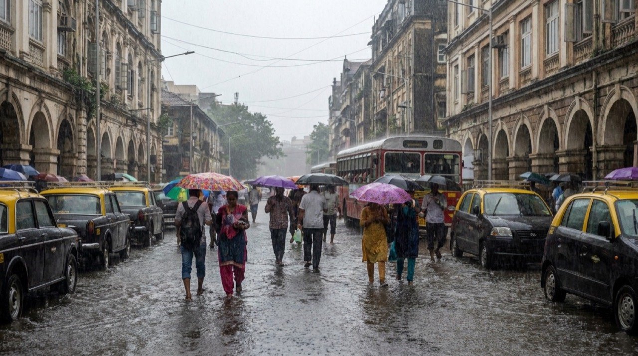 Heavy monsoon rain over a Mumbai street with commuters under umbrellas during the southwest monsoon advance