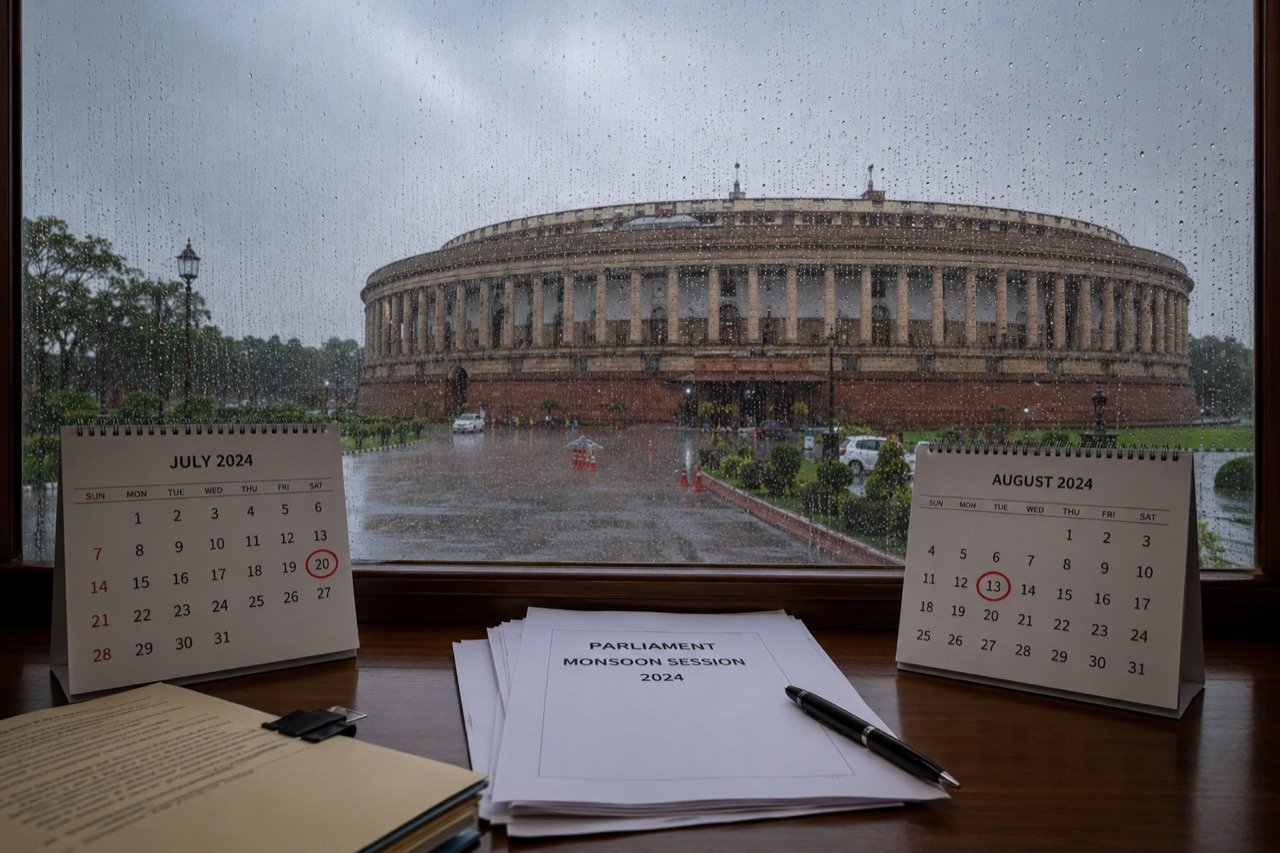 The sandstone Parliament House of India under a grey monsoon sky, with the national flag flying above the building