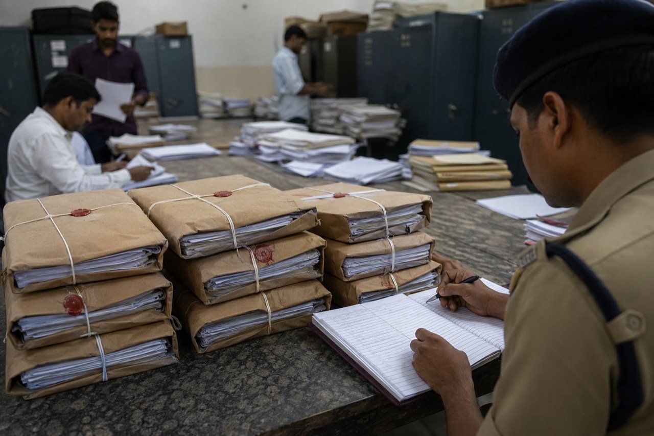 Empty examination hall with rows of desks and sealed question paper bundles under a security notice at a Bhopal university