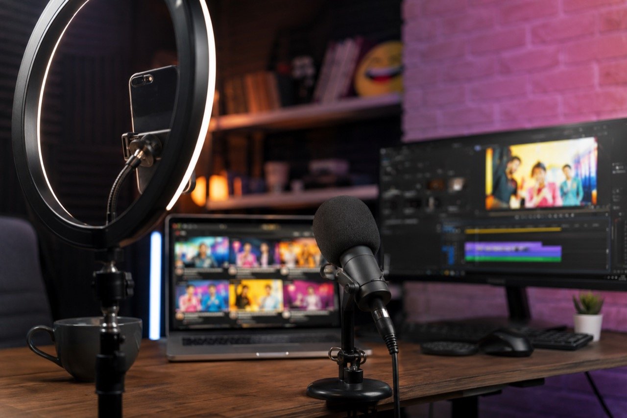 A split stage showing a classic television studio set on one side and a modern stand-up comedy stage with ring lights and phone cameras on the other