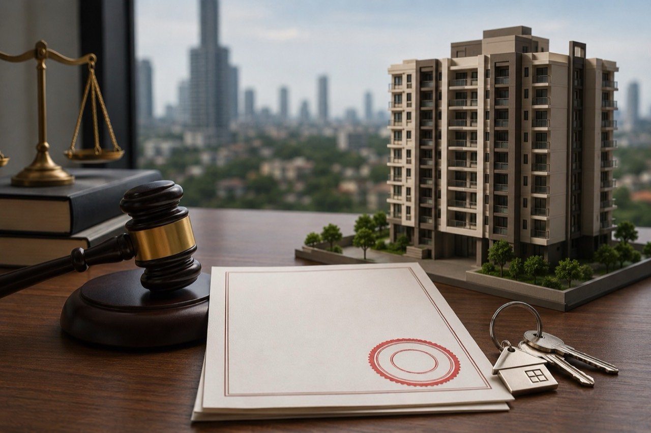 Keys and a property document on a table symbolising a Mumbai flat refund consumer ruling