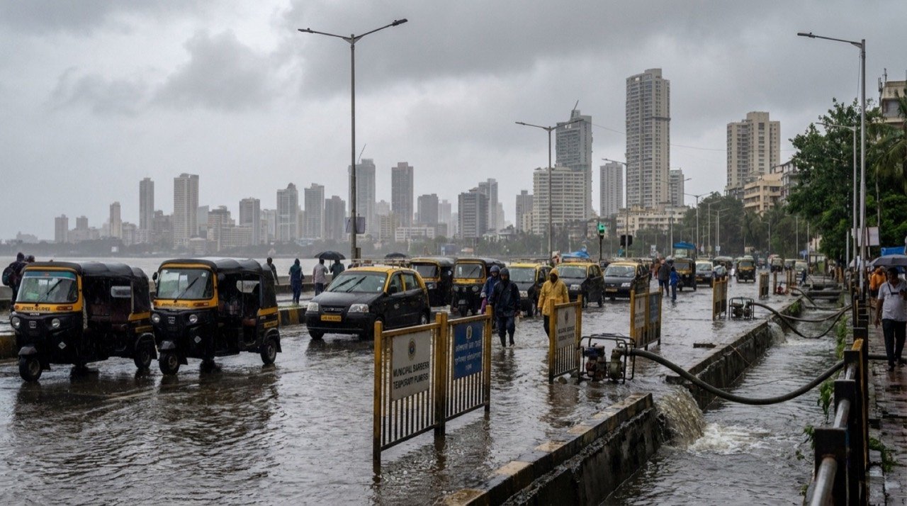 Monsoon rain over Mumbai skyline with commuters and waterlogged streets testing the city's civic preparedness