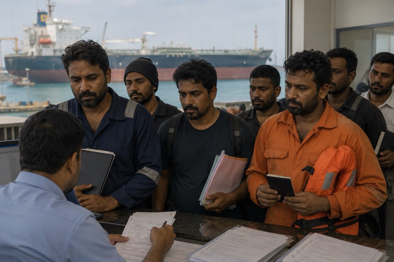 Indian seafarers from oil tanker MV Sky Light waiting for replacement identity documents and employment papers after a missile strike near Oman