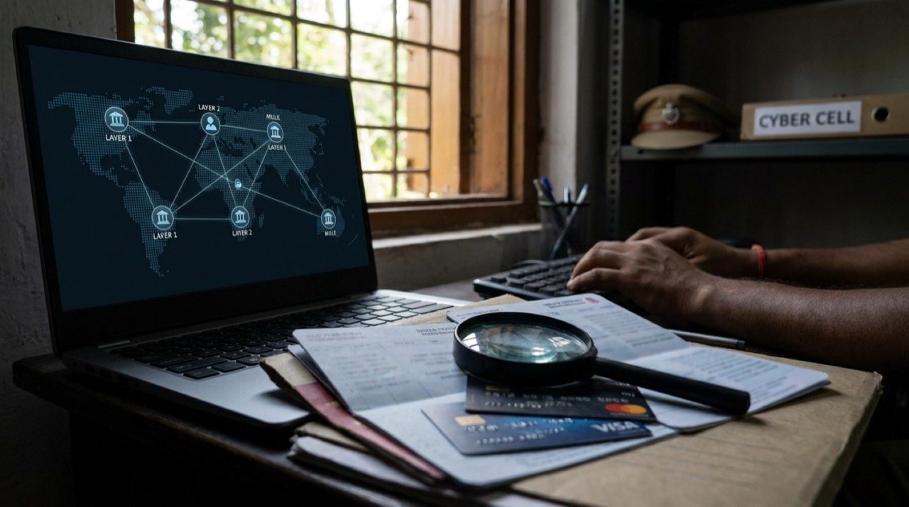 Conceptual image of cyber fraud investigation tracing money through layered mule bank accounts