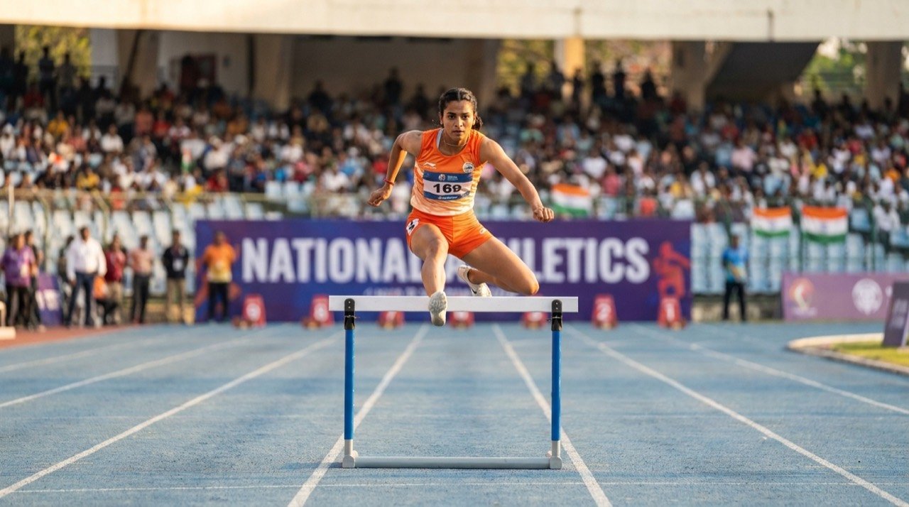 A sprinter clearing a hurdle on a blue running track at a national athletics championship.