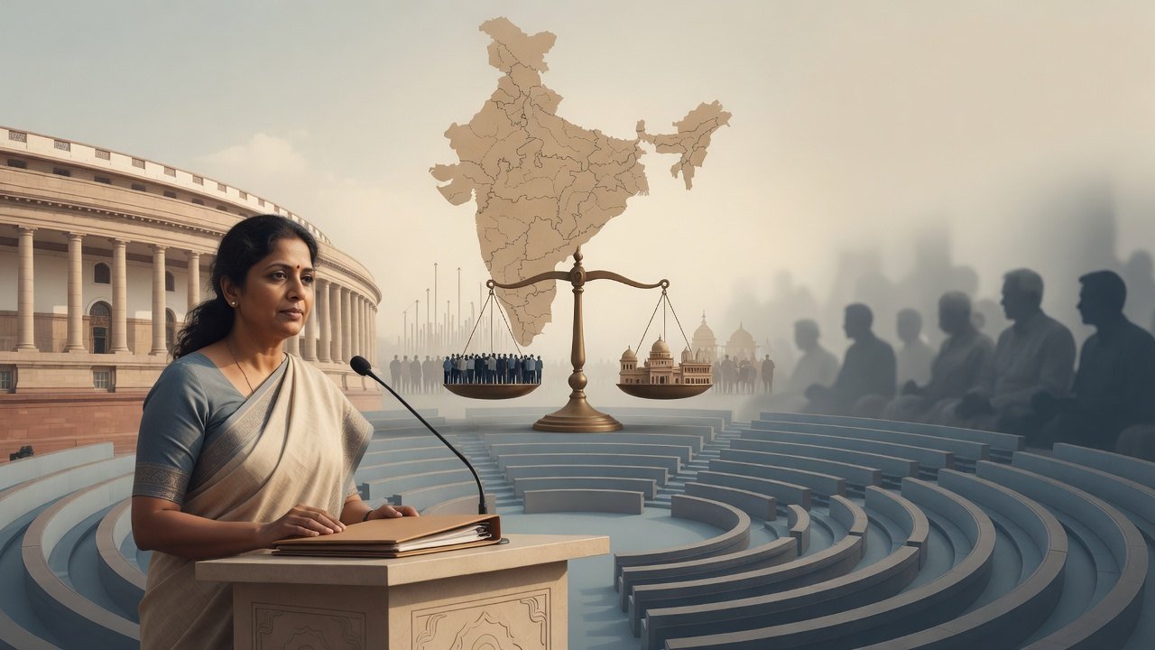 A woman politician addresses Parliament beside an India map and the scales of justice, evoking a delimitation debate