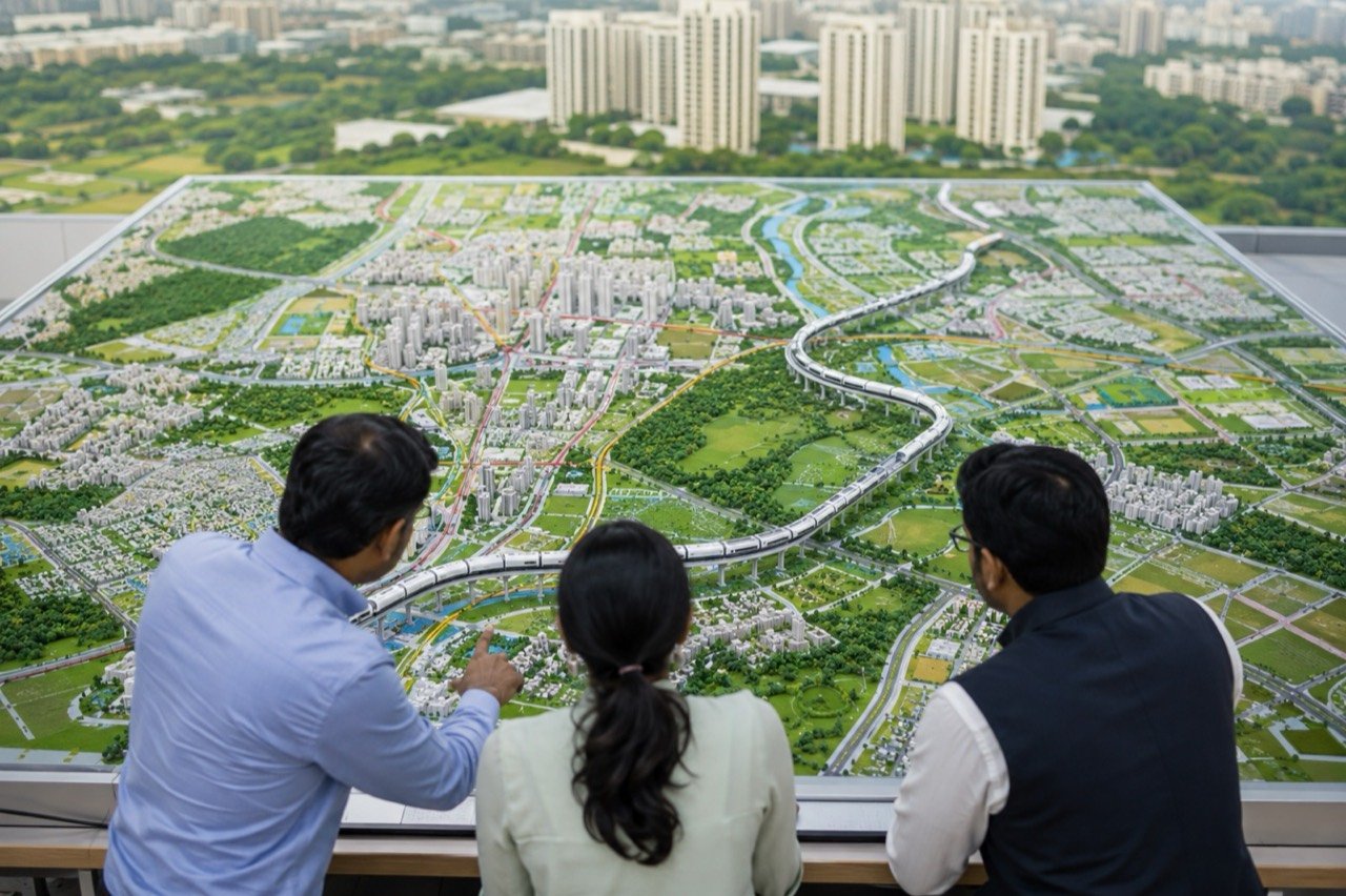 Aerial view of a planned greenfield city with metro and expressway corridors representing Delhi NCR development