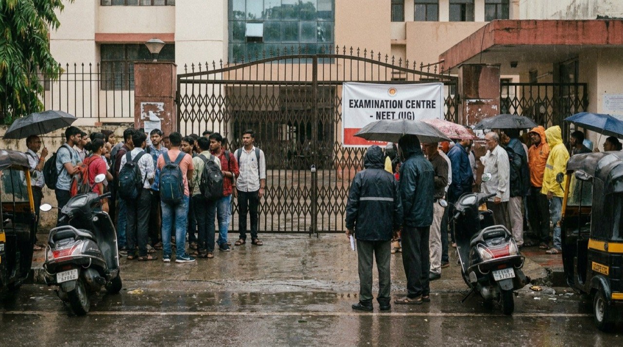 Anxious NEET aspirants and parents gathered outside a closed examination centre gate in the rain