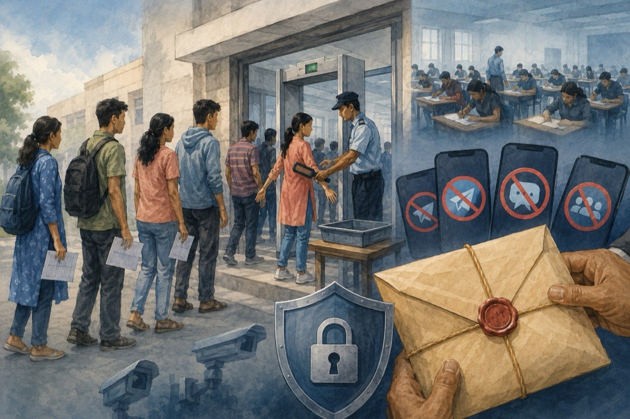 Students entering a NEET UG exam centre past security and biometric checks in June 2026