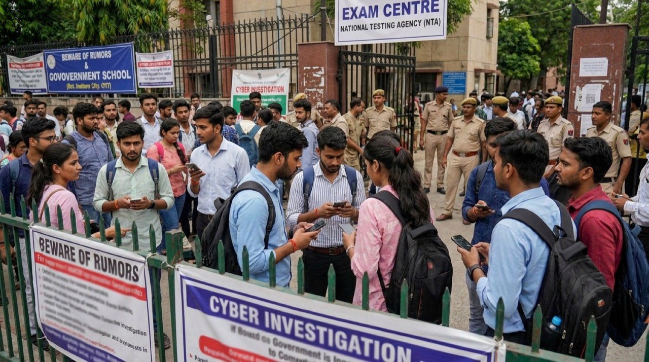 NEET-UG aspirants at an exam centre as NTA rejects a fake paper-leak video and begins a cyber investigation