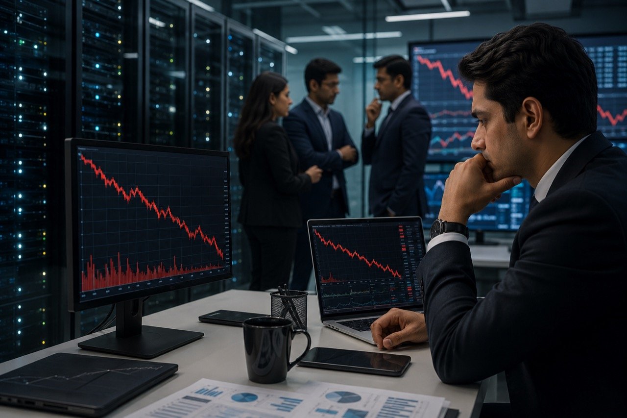 A falling red stock chart on a trading screen in front of rows of glowing server racks, symbolising an AI infrastructure company facing market pressure