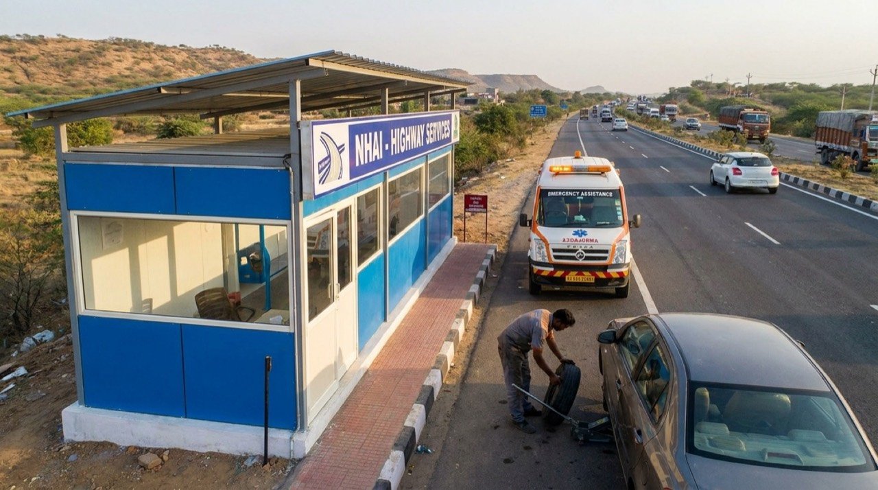 Roadside puncture repair and emergency vehicle service kiosk planned by NHAI along an Indian national highway and expressway