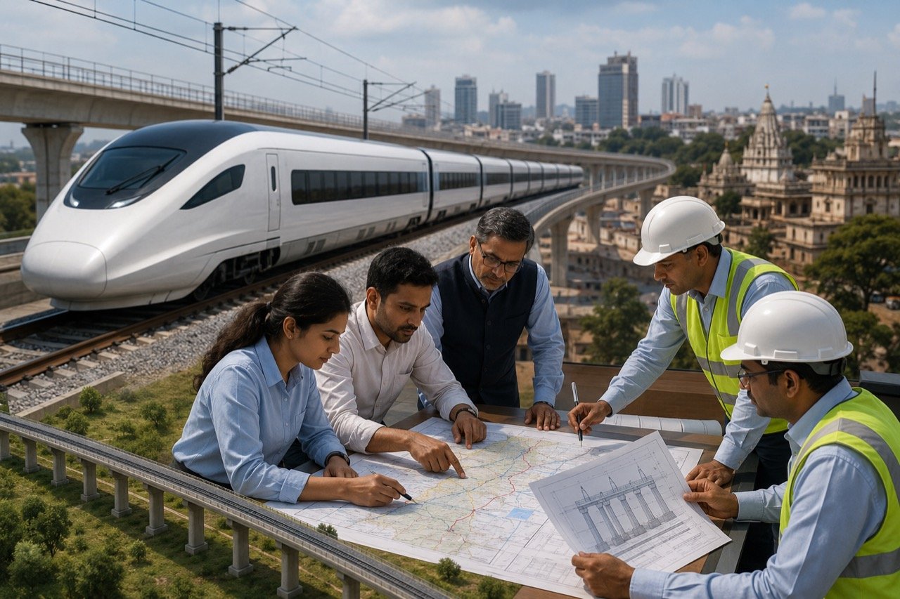 A sleek white and blue bullet train speeding along an elevated viaduct across an Indian landscape, with city skylines on the horizon