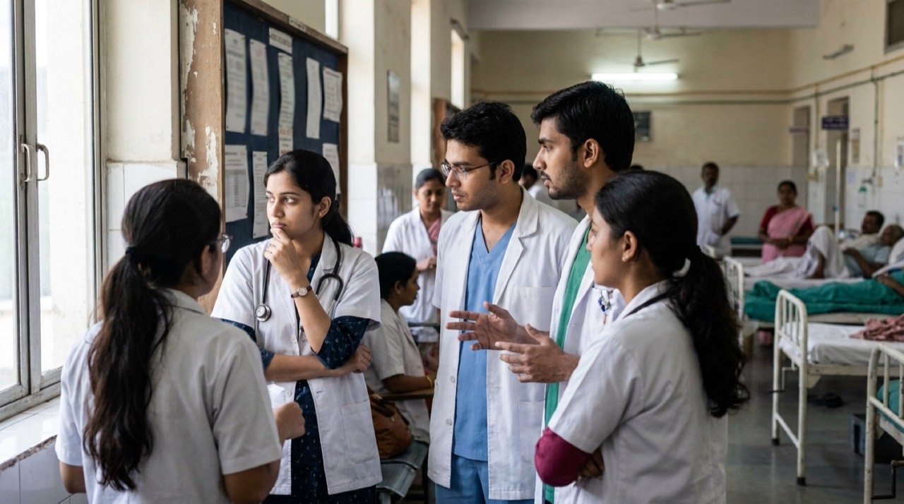 Medical postgraduate students in a teaching hospital ward, reflecting debate over phasing out PG diploma courses in India.