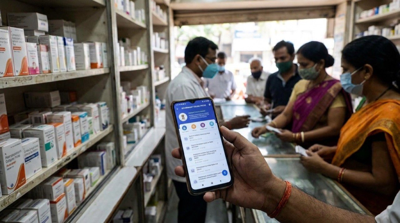 Citizen using a smartphone app to check government-set ceiling prices of scheduled medicines at a pharmacy