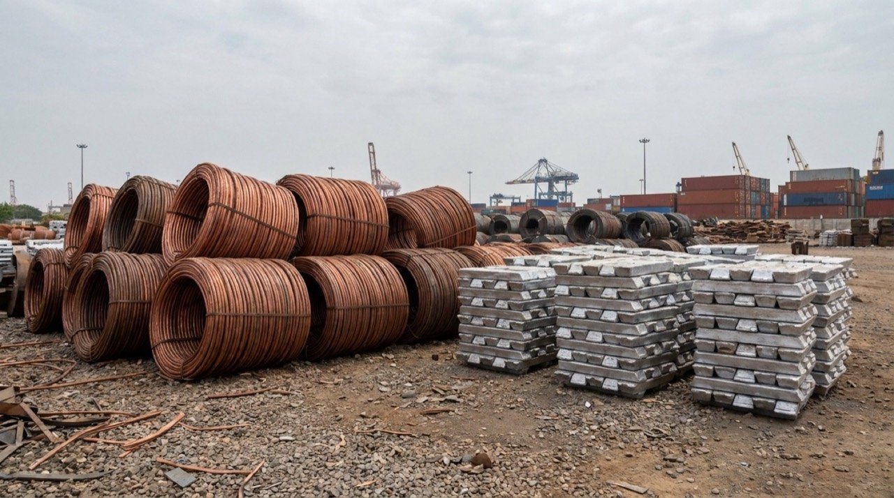Copper and aluminium metal stockpiles representing India's non-ferrous metal derivatives market