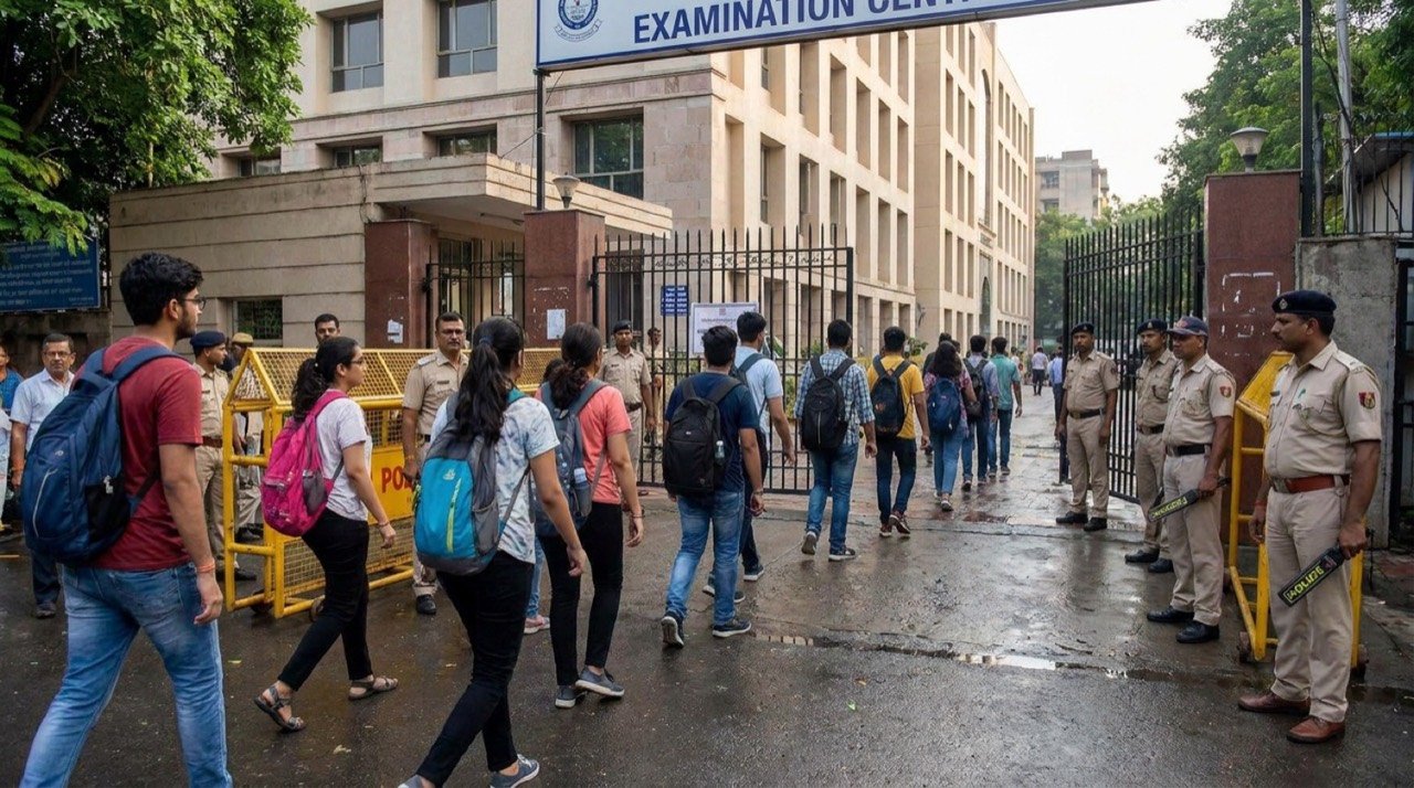 Students leaving a NEET-UG re-examination centre in India after tightened security checks