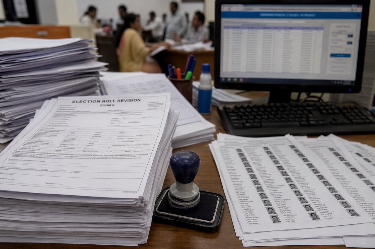 Election officials at a table in Odisha reviewing thick printed voter rolls while citizens queue to verify their names, with an Election Commission banner behind them.