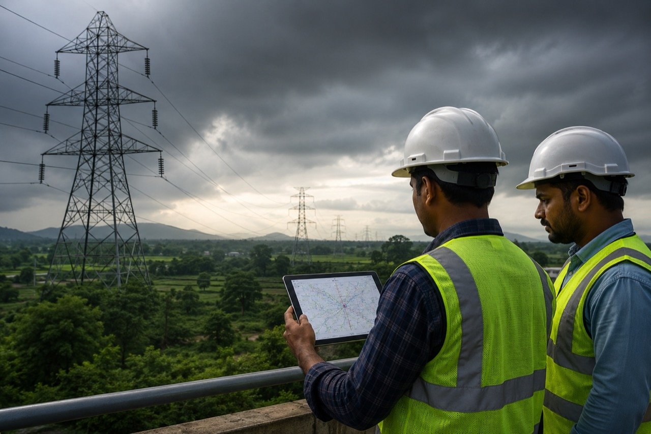 High-voltage transmission towers and power lines along the Odisha coastline under dark cyclone clouds, with repair crews working below