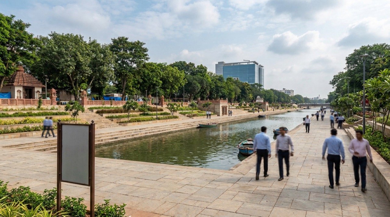 A redeveloped urban riverfront promenade in Odisha with public walkways and restored water bodies under the Rs 500 crore waterfront scheme.