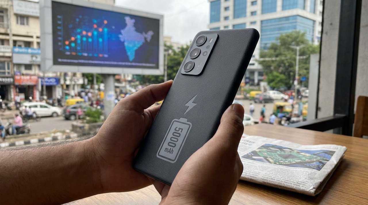 A modern smartphone shown from the back highlighting its camera module and large battery branding.