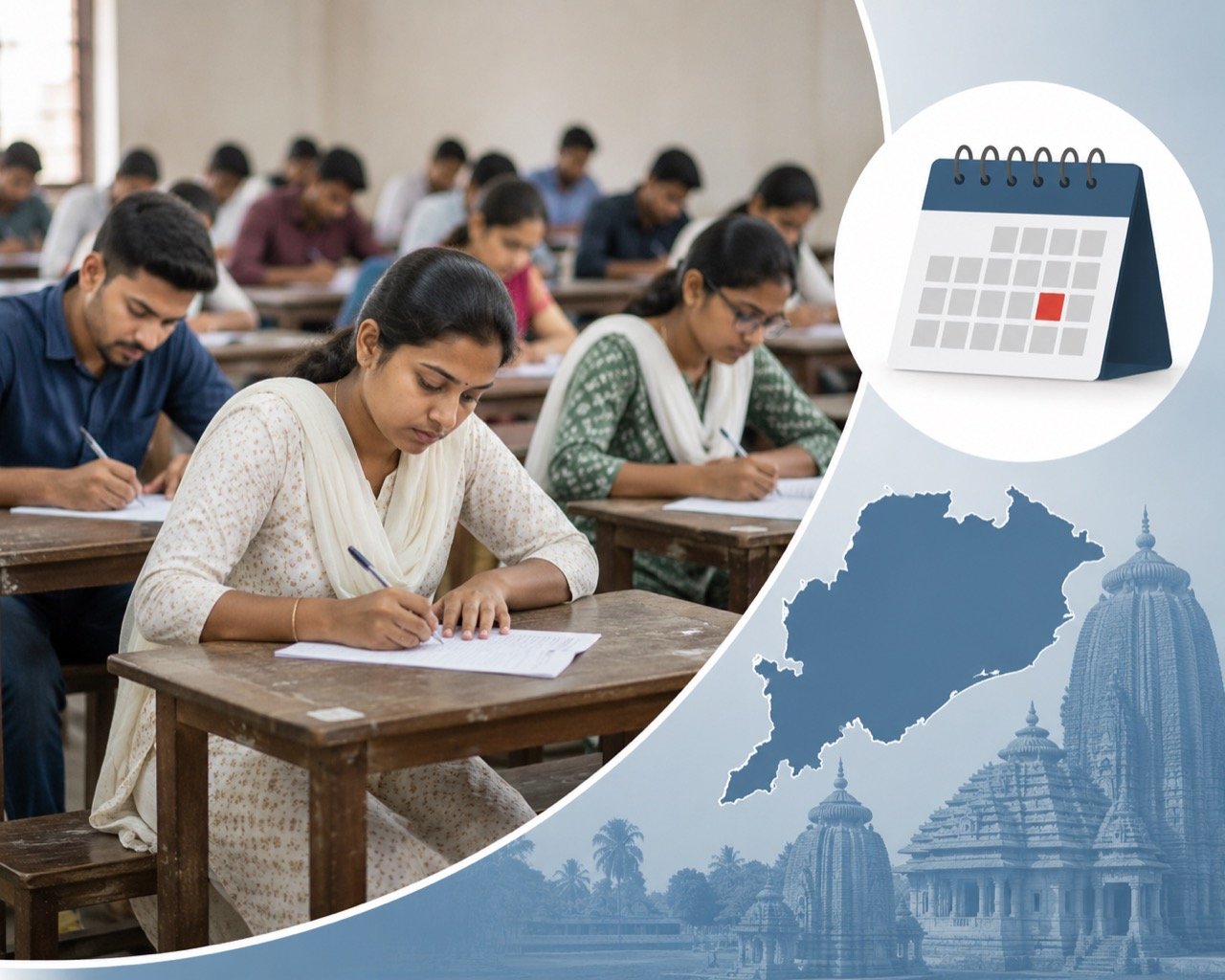 Young exam aspirants seated in rows at desks in an examination hall in Odisha, filling answer sheets as an invigilator watches, admit cards and stationery on the desks