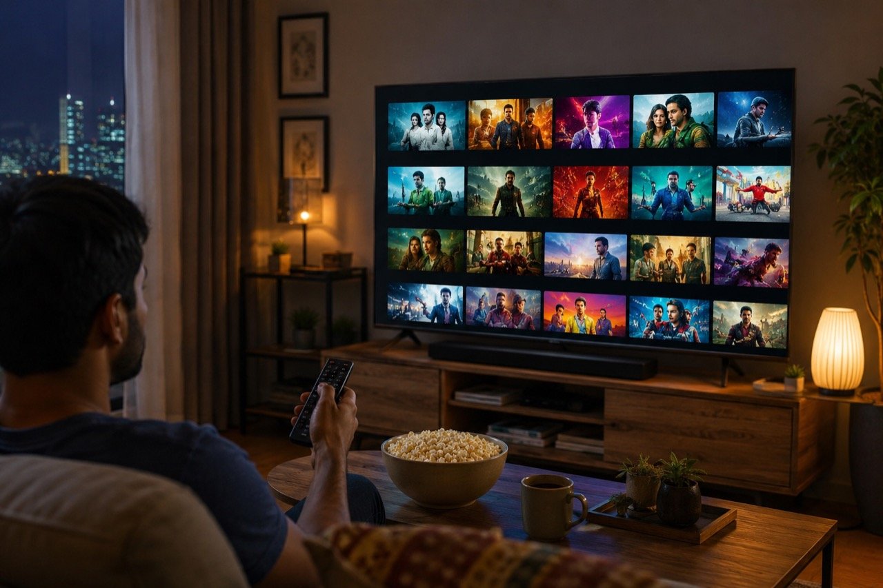 A living-room television glowing with a streaming platform menu of new Indian and international shows, a family scrolling through crowded rows of titles