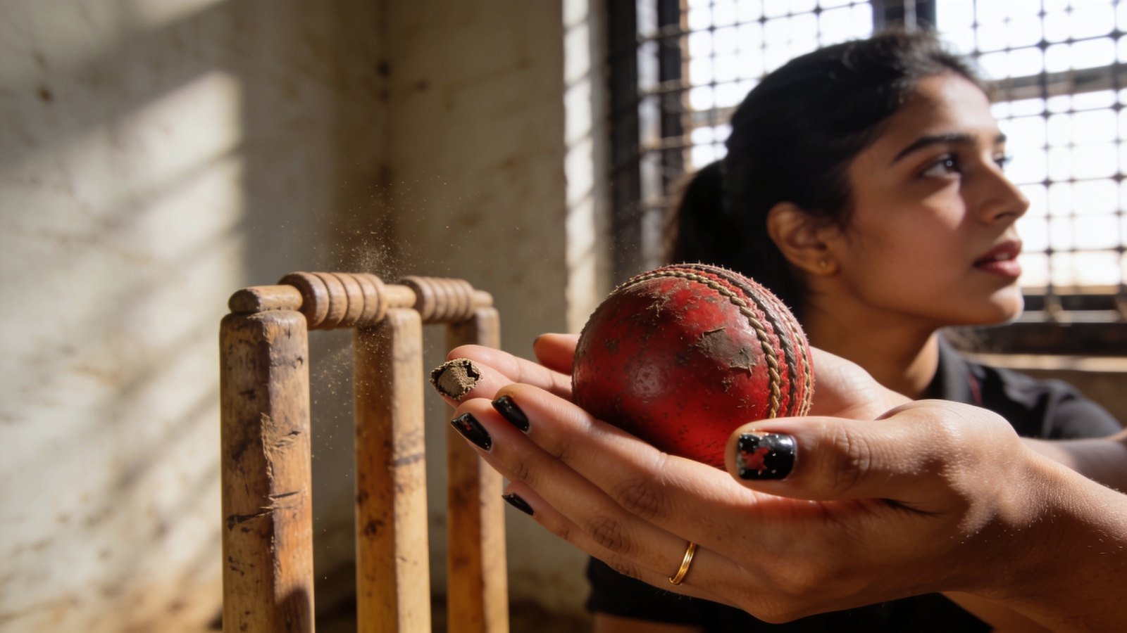 A young woman's hands hold a worn red cricket ball in dim barred-window light.